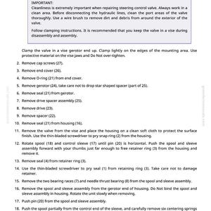 May include: A page from a manual titled "Disassemble Steering Valve" with numbered instructions. The text details steps for disassembling a valve, including removing seals, screws, and other components. The page includes a warning about cleanliness.