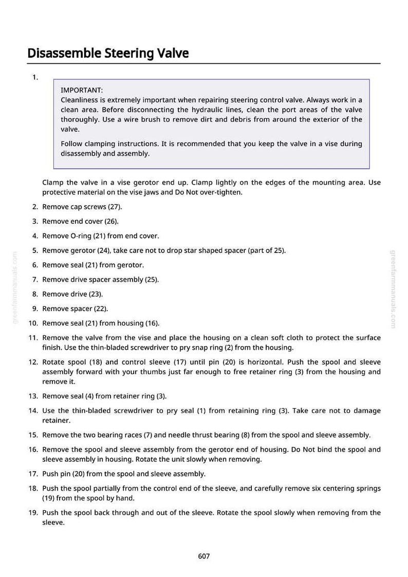 May include: A page from a manual titled "Disassemble Steering Valve" with numbered instructions. The text details steps for disassembling a valve, including removing seals, screws, and other components. The page includes a warning about cleanliness.