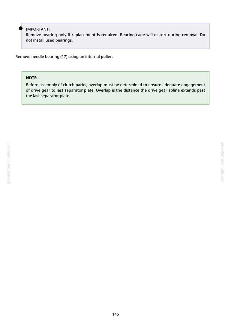 Puede incluir: Una p&aacute;gina de manual con instrucciones de texto y advertencias. El texto cubre la sustituci&oacute;n de rodamientos y el montaje del paquete de embrague. La p&aacute;gina tiene un fondo blanco con cuadros de texto verdes y morados.