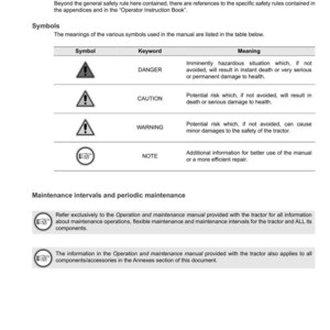 Puede incluir: Una p&aacute;gina de un manual de mantenimiento de tractores. El manual incluye s&iacute;mbolos de seguridad con palabras clave como "PELIGRO" y "PRECAUCI&Oacute;N", y proporciona intervalos de mantenimiento. El manual es de ARGO TRACTORS.