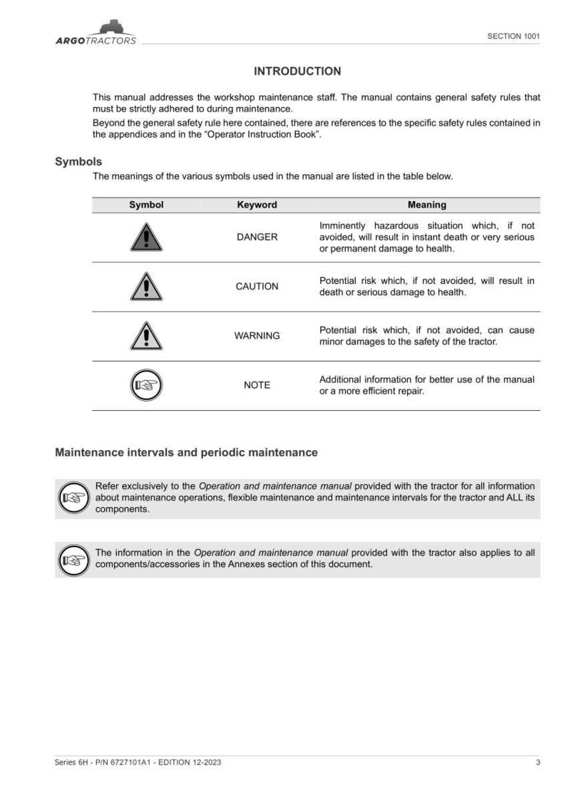 Puede incluir: Una p&aacute;gina de un manual de mantenimiento de tractores. El manual incluye s&iacute;mbolos de seguridad con palabras clave como "PELIGRO" y "PRECAUCI&Oacute;N", y proporciona intervalos de mantenimiento. El manual es de ARGO TRACTORS.