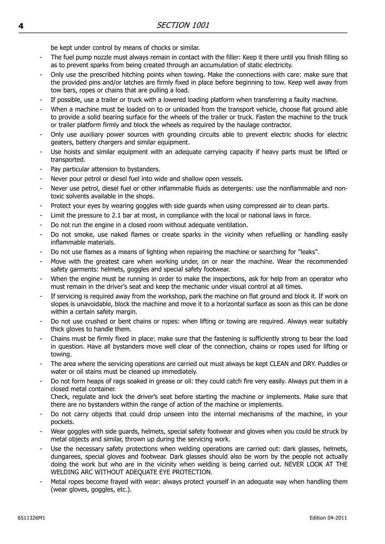 Puede incluir: Una p&aacute;gina de manual titulada "SECCI&Oacute;N 1001" con instrucciones de seguridad. El texto en negro sobre fondo blanco detalla precauciones para el uso y mantenimiento de maquinaria, incluyendo riesgos de combustible, fuego y protecci&oacute;n ocular.