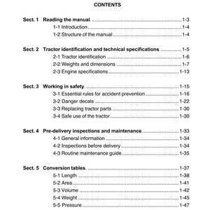 Op de afbeelding: Een pagina uit een handleiding getiteld "Inleiding" met een inhoudsopgave. De inhoud omvat secties over het lezen van de handleiding, tractoridentificatie, veilig werken, pre-delivery inspecties en conversietabellen.