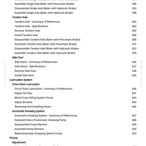 Puede incluir: P&aacute;gina de un manual con fondo blanco, que presenta un &iacute;ndice. Las secciones incluyen ejes, puertas laterales, lubricaci&oacute;n, engrase autom&aacute;tico y ajuste de recogida. Los n&uacute;meros de p&aacute;gina se enumeran a la derecha.