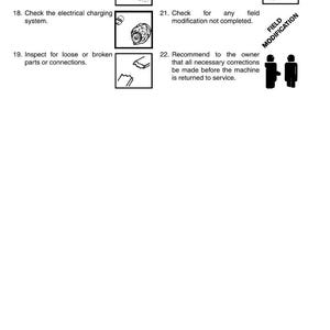 May include: A page from a service manual with numbered instructions and accompanying diagrams. Instructions include checking the air cleaner, electrical charging system, and loose connections. The text "FIELD MODIFICATION" is also visible.