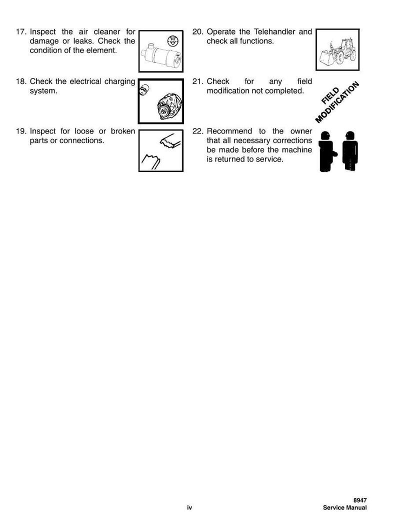 May include: A page from a service manual with numbered instructions and accompanying diagrams. Instructions include checking the air cleaner, electrical charging system, and loose connections. The text "FIELD MODIFICATION" is also visible.