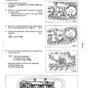 May include: Diagram illustrating the disassembly and assembly of a track roller assembly. Includes step-by-step instructions with diagrams, measurements in kilograms, and labels for components like the guard and track roller.