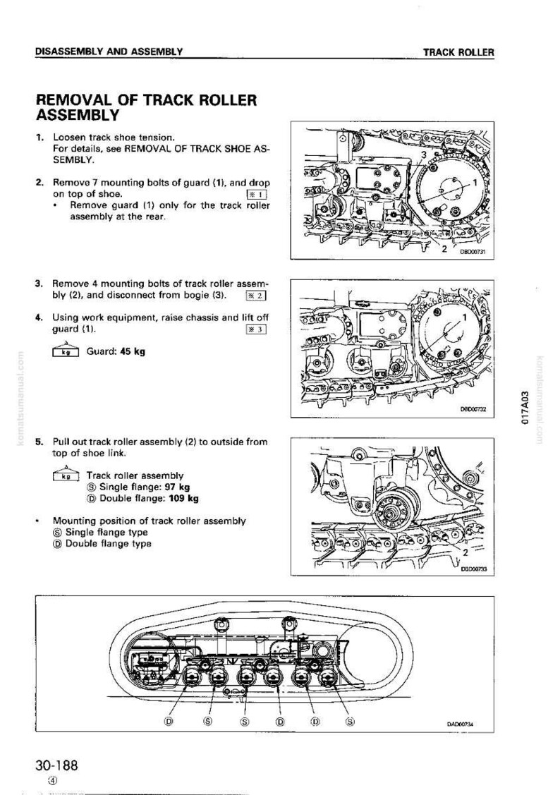 May include: Diagram illustrating the disassembly and assembly of a track roller assembly. Includes step-by-step instructions with diagrams, measurements in kilograms, and labels for components like the guard and track roller.