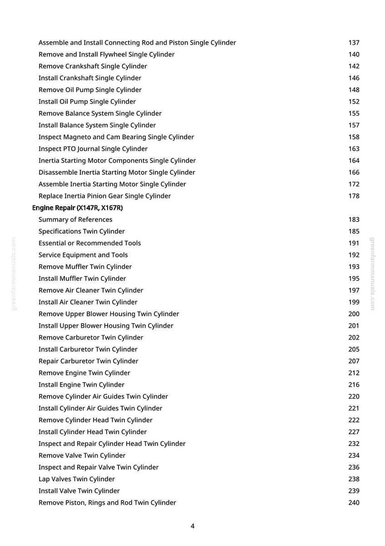 May include: A page from a manual with a list of engine repair procedures, including "Assemble and Install Connecting Rod and Piston Single Cylinder" and "Remove and Install Flywheel Single Cylinder". The page number is 4.