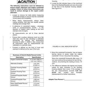 May include: A technical manual page with instructions for alternator installation and engine crankshaft endplay. Includes a caution notice, detailed steps, and a table of axial and radial runout limits with measurements in inches and millimeters.
