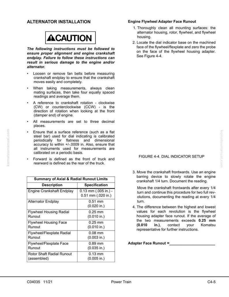 May include: A technical manual page with instructions for alternator installation and engine crankshaft endplay. Includes a caution notice, detailed steps, and a table of axial and radial runout limits with measurements in inches and millimeters.
