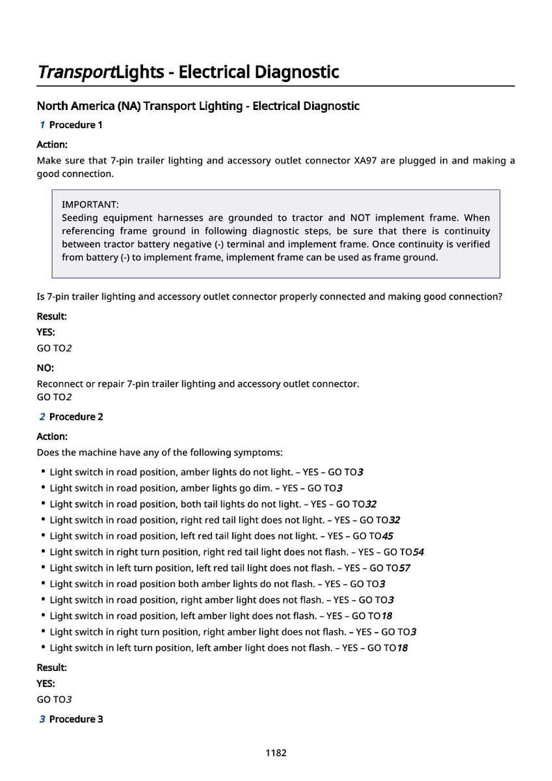May include: Document titled "TransportLights - Electrical Diagnostic" with diagnostic procedures for North America (NA) transport lighting. Includes troubleshooting steps for trailer lighting and accessory outlet connectors, with symptom analysis.