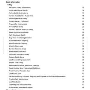 May include: A white page with a black Table of Contents. The contents include safety information, observable symptoms, and engine diagnostics. The page numbers are listed on the right side.