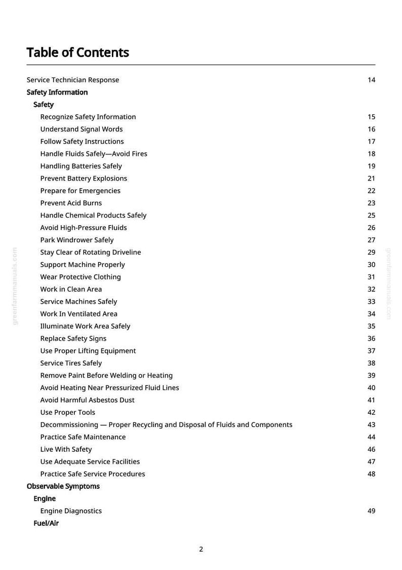 May include: A white page with a black Table of Contents. The contents include safety information, observable symptoms, and engine diagnostics. The page numbers are listed on the right side.