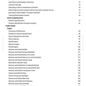 May include: A page from a manual with a table of contents for engine repair and maintenance. The headings include topics like oil filters, coolant, and engine specifications. The page number is 3.