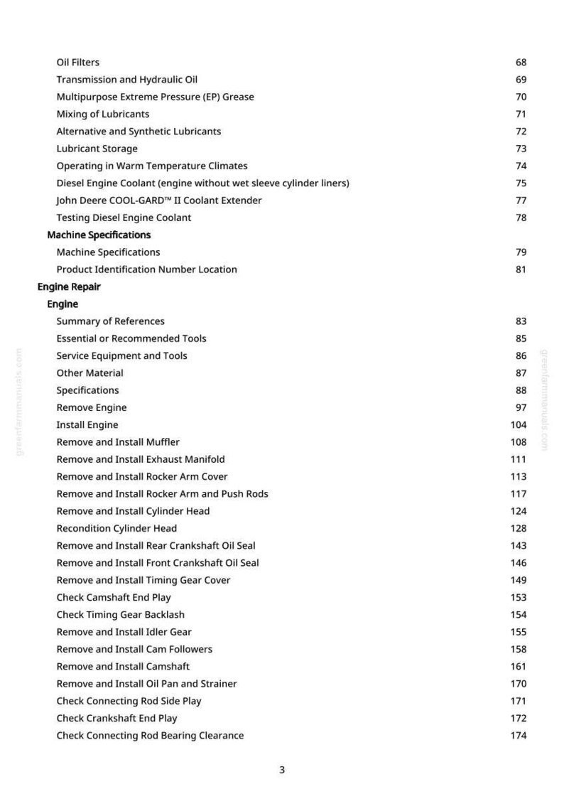 May include: A page from a manual with a table of contents for engine repair and maintenance. The headings include topics like oil filters, coolant, and engine specifications. The page number is 3.