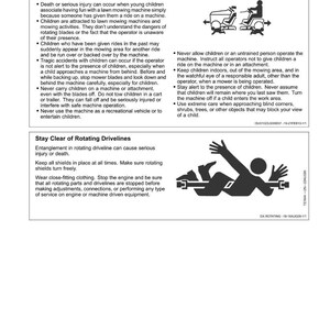 May include: Safety instructions for lawn mowing machines. Text and diagrams warn against allowing children to operate or be near the machine. Includes warnings about rotating blades and drivelines. Diagrams show safe operation.