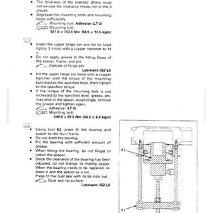 May include: A technical diagram from a manual detailing the disassembly and assembly of a center hinge pin. The diagram includes text instructions and an illustration of the pin's components, with measurements in Nm and kgm.