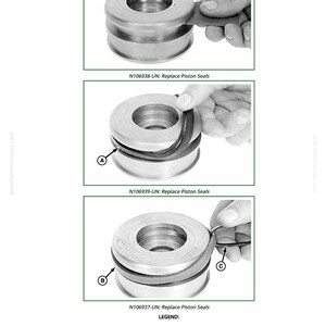 May include: A technical diagram showing the process of replacing piston seals. The image includes three steps with a metallic cylindrical component and a person's hand. Text includes "N106938-UN: Replace Piston Seals" and "N106939-UN: Replace Piston Seals".