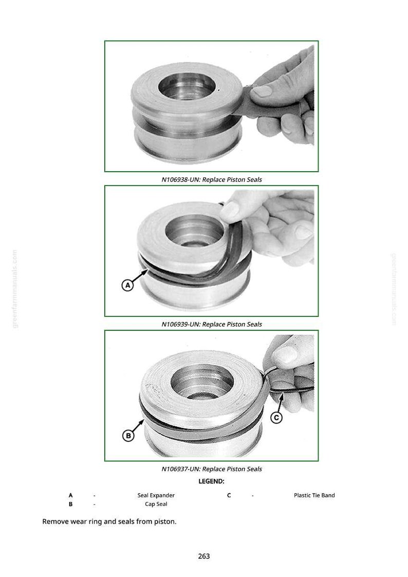 May include: A technical diagram showing the process of replacing piston seals. The image includes three steps with a metallic cylindrical component and a person's hand. Text includes "N106938-UN: Replace Piston Seals" and "N106939-UN: Replace Piston Seals".