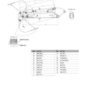 May include: Technical diagram of a backhoe bucket with dimensions in inches. The diagram includes a detailed illustration of the backhoe's kinematics, with labeled parts and measurements. The Wacker Neuson logo is visible.