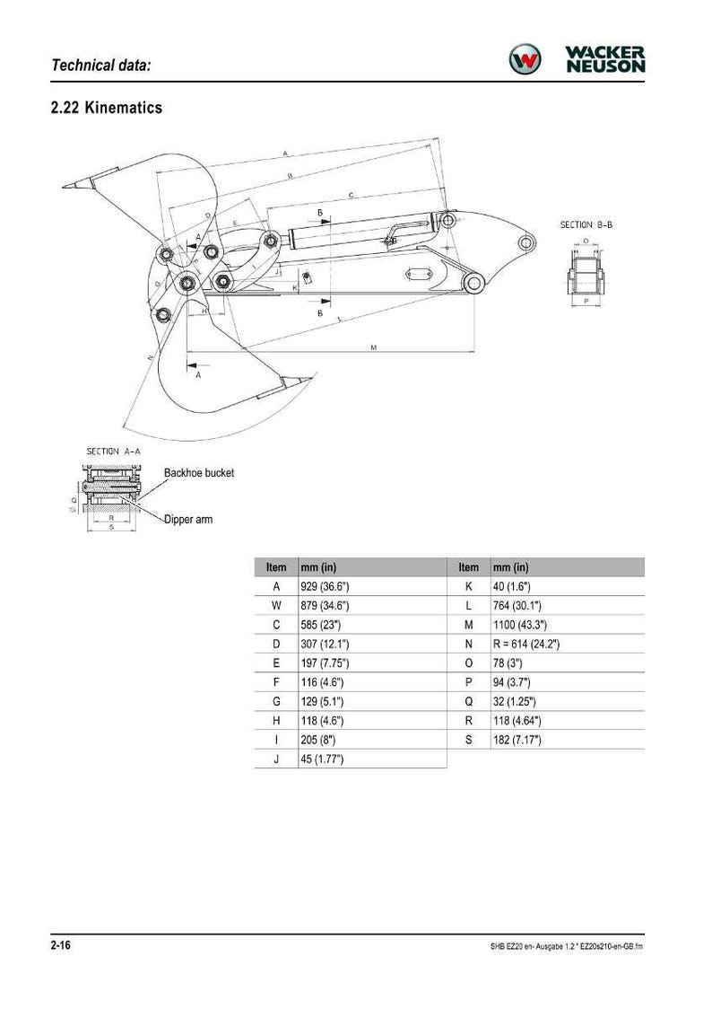 May include: Technical diagram of a backhoe bucket with dimensions in inches. The diagram includes a detailed illustration of the backhoe's kinematics, with labeled parts and measurements. The Wacker Neuson logo is visible.