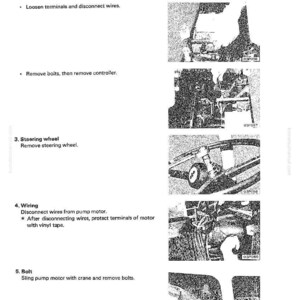 May include: A page from a manual with instructions for pump motor disassembly and assembly. The text includes steps for disconnecting wires, removing bolts, and removing the steering wheel. The images are black and white.