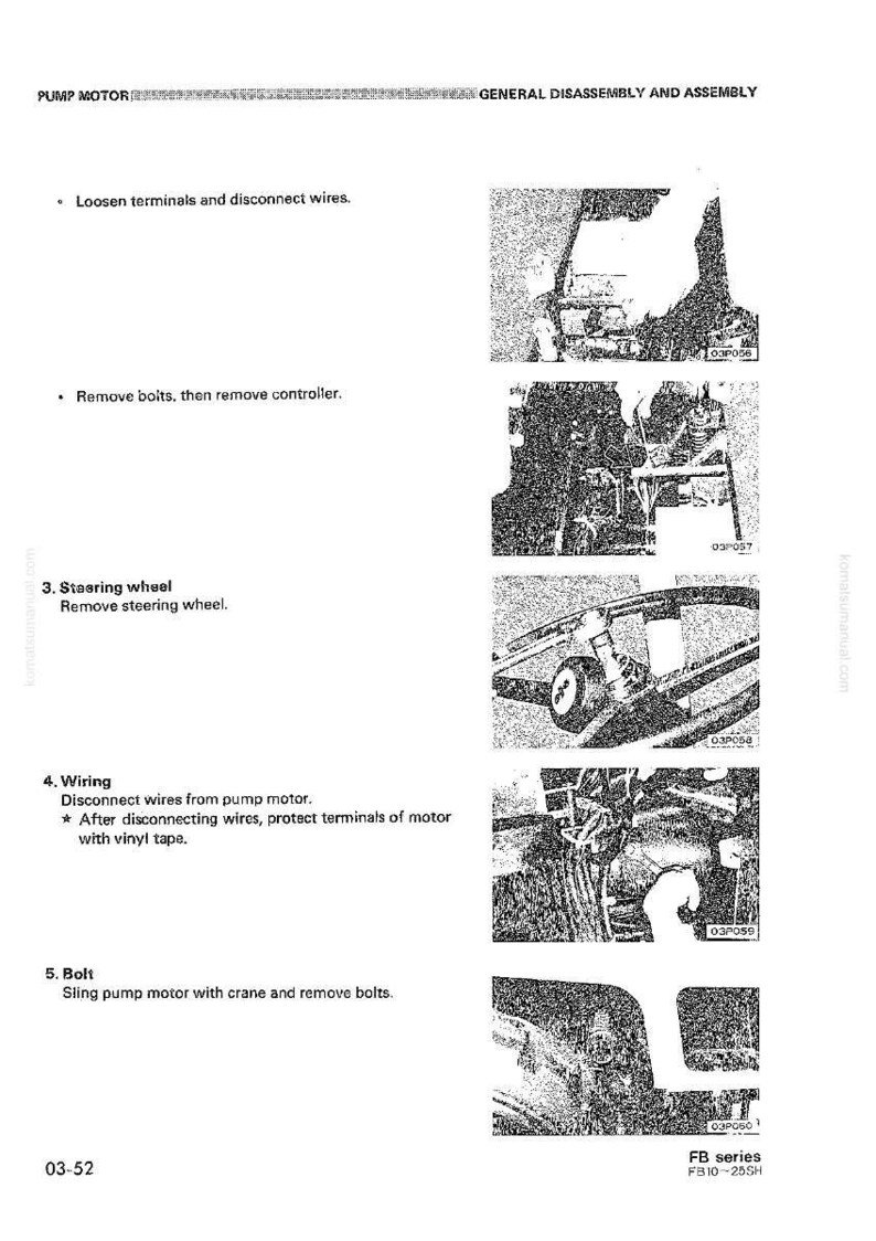 May include: A page from a manual with instructions for pump motor disassembly and assembly. The text includes steps for disconnecting wires, removing bolts, and removing the steering wheel. The images are black and white.