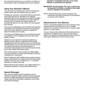 May include: A page from a John Deere operator's manual, with the "Introduction" section. It includes safety warnings, instructions on using the manual, and information about machine attachments. The page number is 2.