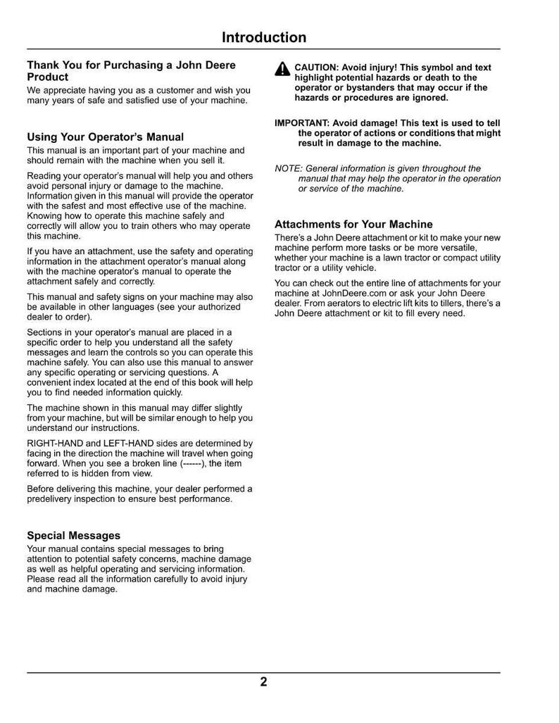 May include: A page from a John Deere operator's manual, with the "Introduction" section. It includes safety warnings, instructions on using the manual, and information about machine attachments. The page number is 2.