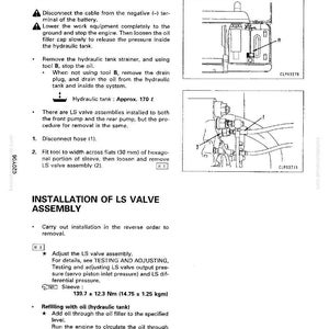 May include: A manual page with instructions for removing and installing an LS valve assembly. It features diagrams and text, including measurements in Nm and kgm. The diagrams illustrate the valve and its components.