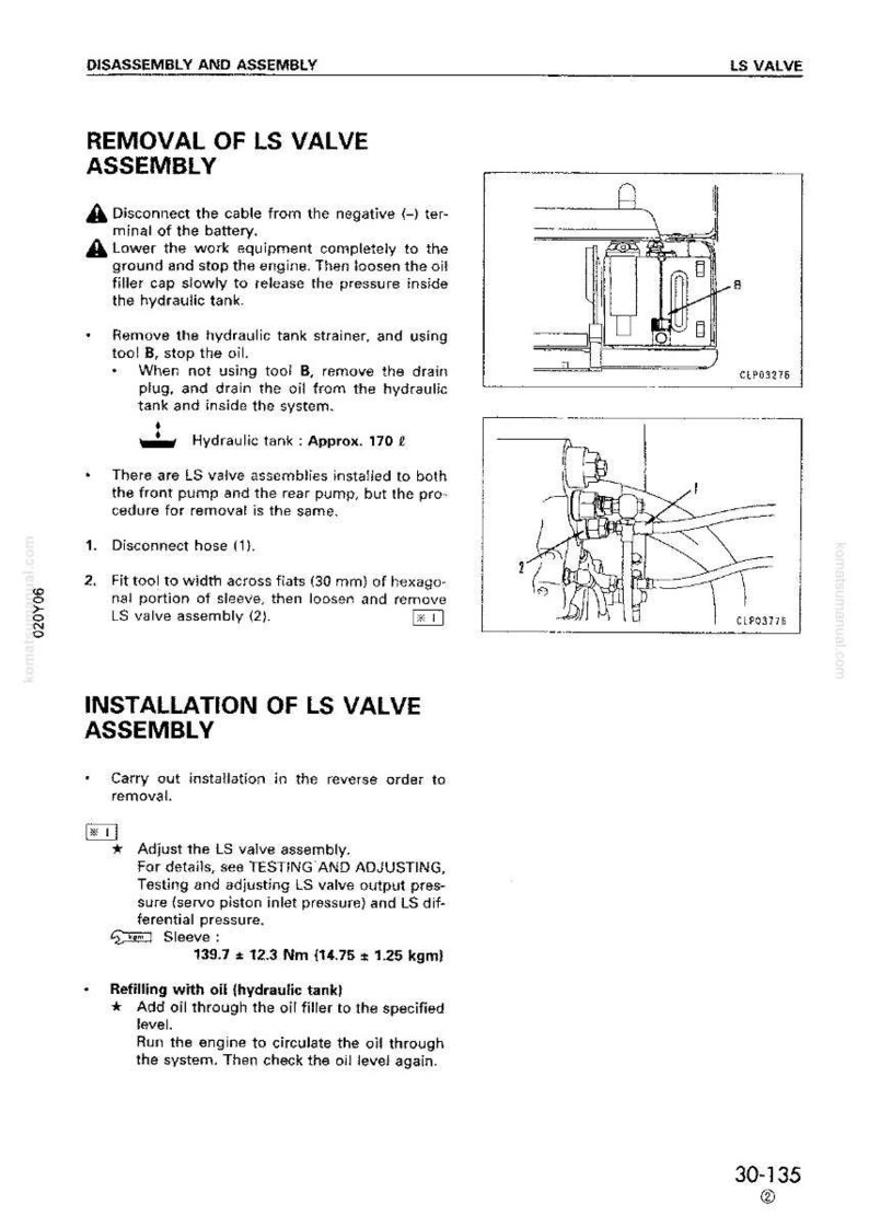 May include: A manual page with instructions for removing and installing an LS valve assembly. It features diagrams and text, including measurements in Nm and kgm. The diagrams illustrate the valve and its components.