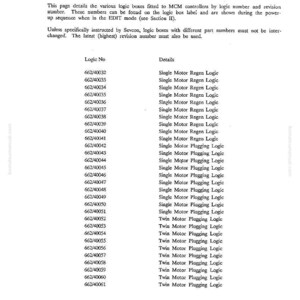 May include: A printed page titled "LOGIC BOX CROSS REFERENCE" with a table listing logic numbers and details, including "Single Motor Regen Logic" and "Twin Motor Plugging Logic".