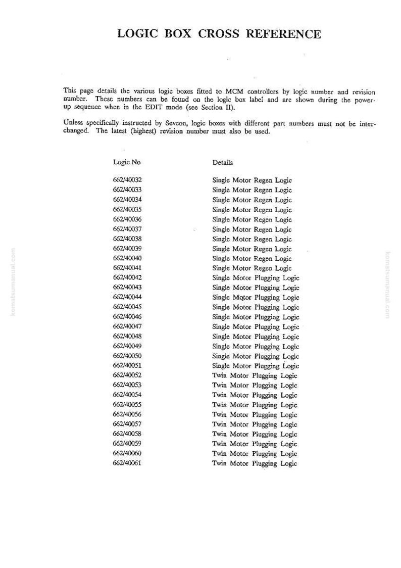 May include: A printed page titled "LOGIC BOX CROSS REFERENCE" with a table listing logic numbers and details, including "Single Motor Regen Logic" and "Twin Motor Plugging Logic".