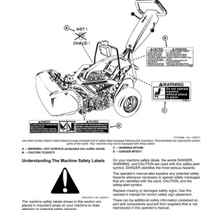 May include: Diagram of a machine with safety labels, including "HOT!" and "WARNING". The text explains safety symbols and label locations. Includes a warning symbol and text about potential hazards.