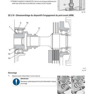 May include: Technical diagram illustrating the disassembly of a front axle engagement device. The image includes detailed mechanical drawings, numbered components, and procedural steps with text in French.