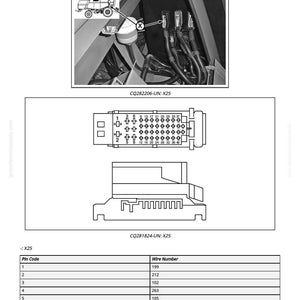 Puede incluir: Diagrama del conector X25, etiquetado como W1 y W11, con una ilustraci&oacute;n detallada de la disposici&oacute;n de los pines y los n&uacute;meros de cable. Incluye una vista superior y una vista lateral.