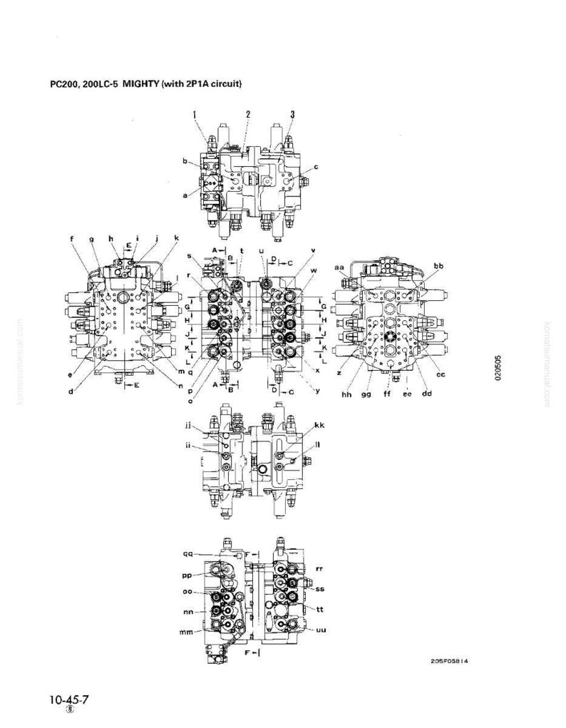 May include: A detailed technical diagram of hydraulic components, labeled with letters and numbers. The text "PC200, 200LC-5 MIGHTY (with 2P1A circuit)" is visible at the top. The diagram is in black and white.