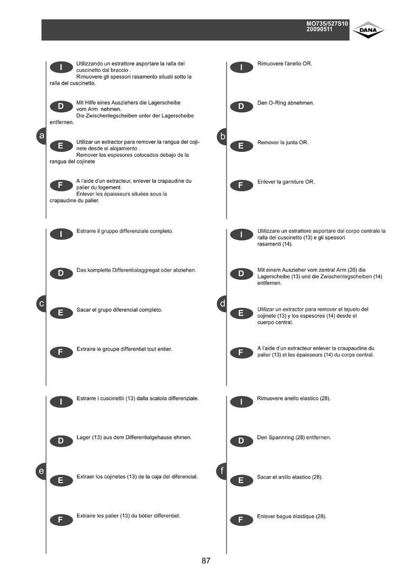May include: A page from a manual with diagrams and instructions for automotive repair. The text includes steps for removing and installing parts, with labels and arrows. The page has the text "MO735/527S10 20090511 DANA".