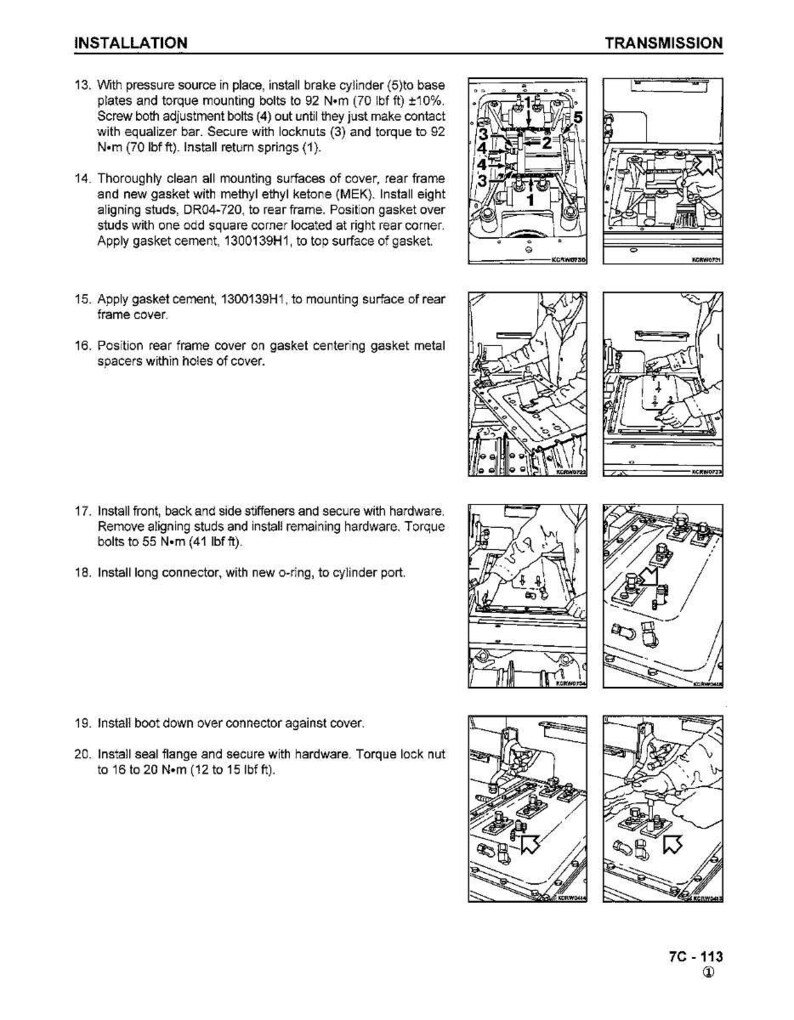 May include: A technical diagram titled "INSTALLATION" and "TRANSMISSION" provides assembly instructions with illustrations. The text includes torque specifications in Newton-metres and foot-pounds, along with part numbers and assembly steps.