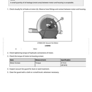 May include: Diagram of a vacuum turbine motor with a detailed inspection guide. The image includes a labeled diagram of the motor, with instructions for checking oil leaks, torque, and fan guard maintenance. The torque specification is 41 N-m (30 lb-ft).