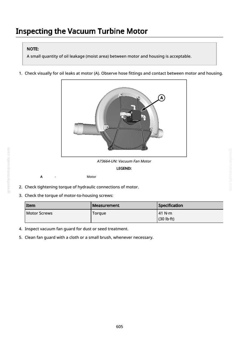 May include: Diagram of a vacuum turbine motor with a detailed inspection guide. The image includes a labeled diagram of the motor, with instructions for checking oil leaks, torque, and fan guard maintenance. The torque specification is 41 N-m (30 lb-ft).