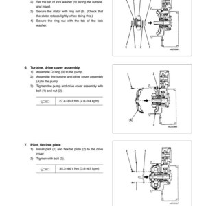 May include: Diagram of a torque converter assembly with labels and instructions for disassembly and assembly. Includes illustrations of stator, turbine, and pilot components with torque specifications in Newton-meters and kilogram-meters.