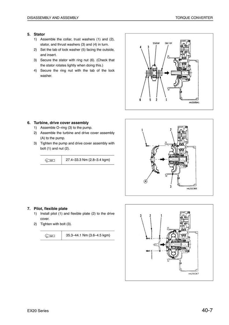 May include: Diagram of a torque converter assembly with labels and instructions for disassembly and assembly. Includes illustrations of stator, turbine, and pilot components with torque specifications in Newton-meters and kilogram-meters.