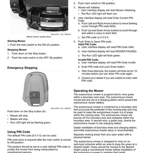 Op de afbeelding: Een pagina uit de gebruikershandleiding met details over de werking van een automatische maaier. Instructies omvatten starten, stoppen, noodprocedures en pincode-invoer. De handleiding beschrijft ook de werking en veiligheidskenmerken van de maaier.