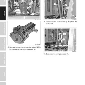 May include: Diagram of engine disassembly, service, and assembly. Includes images of removing the A/C and heater unit, disconnecting hoses and wiring connectors, and removing the main pump assembly.