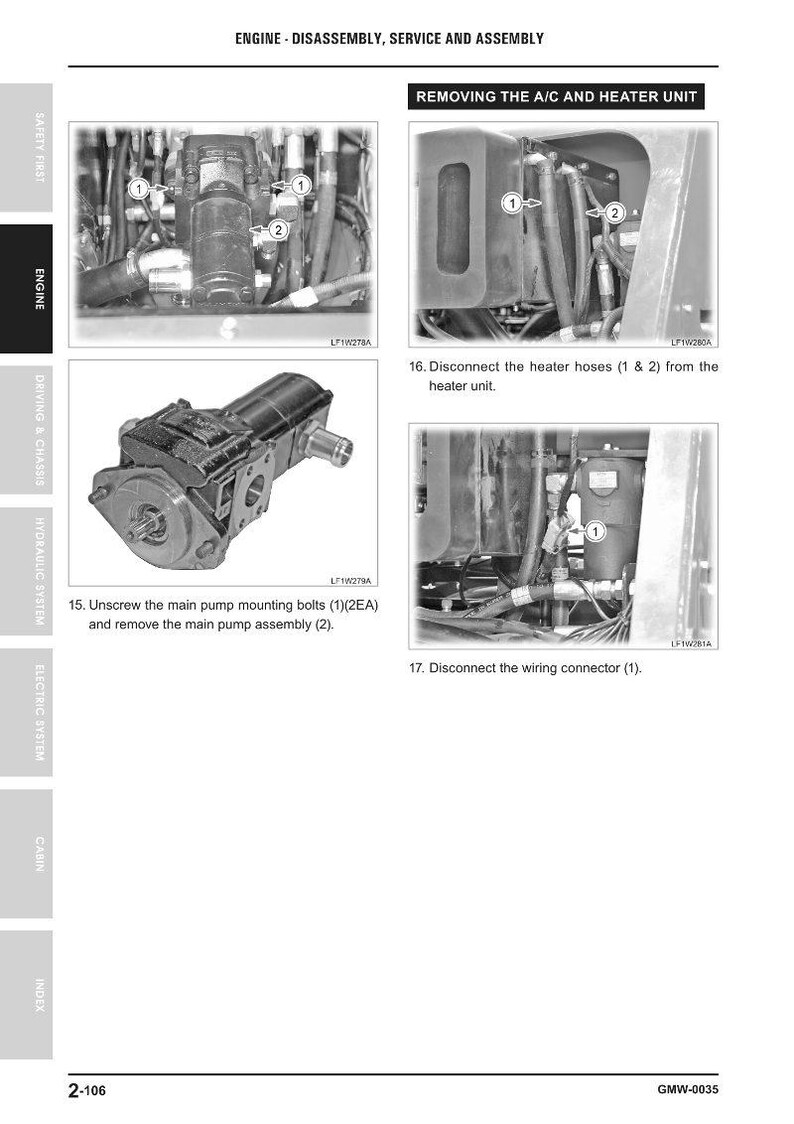 May include: Diagram of engine disassembly, service, and assembly. Includes images of removing the A/C and heater unit, disconnecting hoses and wiring connectors, and removing the main pump assembly.