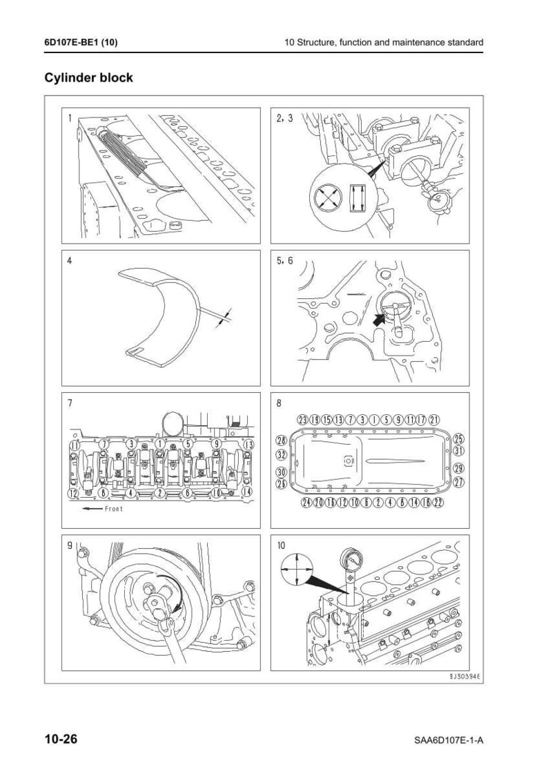 May include: Diagram of a cylinder block with various labeled components. The image includes detailed illustrations of engine parts, including a crankshaft pulley, cylinder head, and other internal engine components. Text includes "Cylinder block" and "10 Structure, function and maintenance standard."