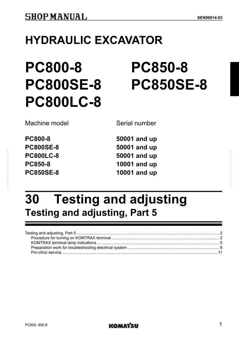 Op de afbeelding: Een pagina uit een werkplaatshandboek voor een hydraulische graafmachine. De pagina bevat machinemodelnummers PC800-8, PC800SE-8, PC800LC-8, PC850-8 en PC850SE-8, samen met serienummerbereiken. De handleiding behandelt ook test- en afstelprocedures.