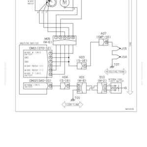 May include: Electrical circuit diagram for a wiper motor, featuring a schematic with labeled components like 'wiper motor,' 'machine monitor,' and various switches. The diagram includes lines and symbols representing electrical connections.